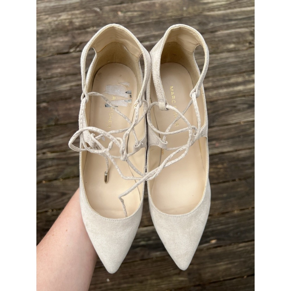 Marc Fisher Heels Wedge Tie Up Suede Pointed Toe Size 8.5 Nude Tan Laces